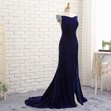 Royal Blue 2019 Prom Dresses Mermaid V-neck Backless Velvet Crystals Slit Long Prom Gown Evening Dresses Evening Gown