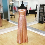 Simple Spaghetti Straps Sleeveless Sequin Bridesmaid Long Prom Dresses
