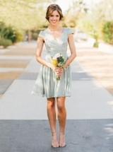 Simple V Neck Cap Sleeve A Line Chiffon Short Bridesmaid Dresses