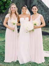 Cheap V Neck Cap Sleeve A Line Chiffon Long Bridesmaid Dresses