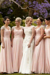 Pink A Line Floor Length Curve Neck Capped Sleeve Appliques Scoop Bridesmaid Dress B255