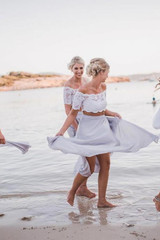 Two Piece A Line Ankle Length Off Shoulder Lace Bridesmaid Dress, Wedding Party Dress B340