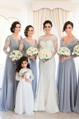 Unique V Neck Long Sleeves Chiffon Lace Appliques Bridesmaid Dress B445