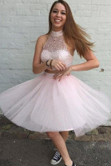 Two Pieces Pink Tulle Short Beading Dress Prom Gowns Homecoming Dresses,AD667