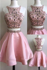Two Piece Pink Stain Homecoming Dresses, Sleeveless Appliqued Beaded Short Prom Dress HCD52