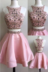 Two Piece Pink Stain Homecoming Dresses, Sleeveless Appliqued Beaded Short Prom Dress HCD52