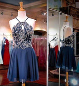 Sexy Halter Sleeveless Homecoming Dress,Appliqued Beaded Open Back Chiffon Short Prom Dress HCD94