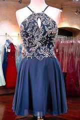 Sexy Halter Sleeveless Homecoming Dress,Appliqued Beaded Open Back Chiffon Short Prom Dress HCD94