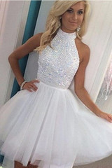 Sleeveless High Neck Homecoming Dress,Short White Appliqued Beaded Tulle Prom Gowns HCD51