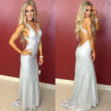Stunning Sleeveless V Neck Mermaid Prom Dresses with Sequins P947