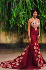 Vintage Halter Appliques Sweep Train Sleeveless Mermaid Prom Dresses P940