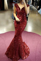 Stunning Red V Neck Cap Sleeves Mermaid Prom Dresses with Sequins P939