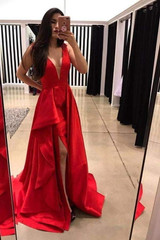 Chic Red Deep V Neck Prom Dresses Formal Party Dresses with Split Side P918