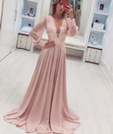 Simple Deep V Neck Lace Prom Dress with Long Sleeves Party Dress P881