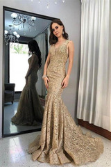 Vintage Mermaid Prom Dress Sweep Train Sleeveless V Neck Party Dress P859
