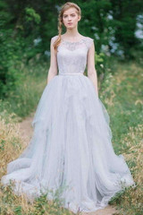 Gorgeous Round Neck Sleeveless Sweep Train Tulle Prom Dress with Sequins P855