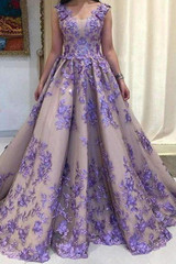 Elegant Sleeveless Flower Appliques Floor Length Long Prom Dress P851
