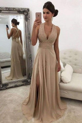 Chic Chiffon Open Back V Neck Beading Floor Length Prom Dress with Split P848