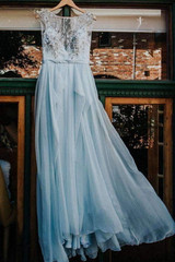 Gorgeous Cap Sleeves A Line Round Neck V Back Chiffon Prom Dress P792