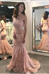 Simple Mermaid Strapless Lace Appliques  Sweep Train Sleeveless Prom Dress P787