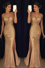 Stunning Mermaid Sequins V Neck Sleeveless With Split Prom Dress P748