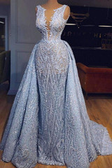 Elegant Blue Lace Sleeveless Deep V Neck Prom Dress Party Dress P685
