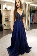 Chic Deep V Neck Open Back A Line With Beading Prom Dress P675