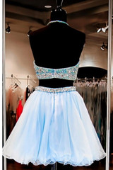 Simple Two Pieces Sleeveless Homecoming Dress,Halter Pearls Beading Crop Top Short Prom Dresses HCD60