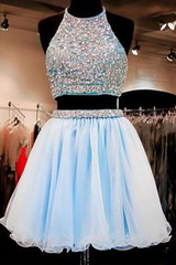 Simple Two Pieces Sleeveless Homecoming Dress,Halter Pearls Beading Crop Top Short Prom Dresses HCD60