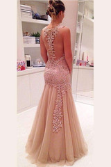 Elegant V Neck Layers Tulle Prom Dress,Sheer Back Appliques Floral Evening Dress OMP31