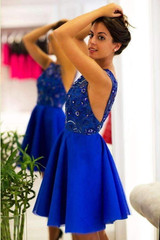 Blue Sleeveless Homecoming Dresses,Appliques Beading Open Back Short Prom Dress H168