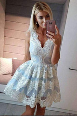 Deep V Neck Homecoming Dress,Sleeveless Lace Appliques Short Prom Dress H189