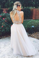 Two Piece Halter Sleeveless Prom Dress,A Line/Princess Floor Length Keyhole Back Evening Dress P42