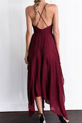 Burgundy  Asymmetrical A Line Deep V Neck Sleeveless Backless Side Slit Evening/Prom Dress P76