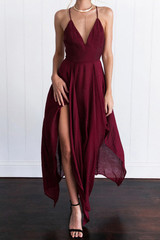 Burgundy  Asymmetrical A Line Deep V Neck Sleeveless Backless Side Slit Evening/Prom Dress P76