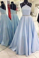 Blue A Line Floor Length Halter Sleeveless Backless Beading Bridesmaid Dress B250