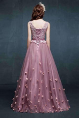 A Line Floor Length Scoop Neck Sleeveless Lace Up Appliques Beading Prom Dress,Evening Dress P92