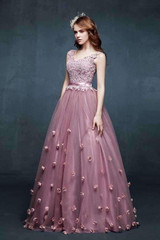 A Line Floor Length Scoop Neck Sleeveless Lace Up Appliques Beading Prom Dress,Evening Dress P92