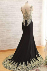 Black Trumpet Sweep Train Sheer Neck Sleeveless Peacock Embroidered Beading Prom Dress,Evening Dress P94