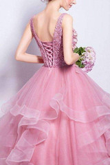 Pink Ball Gown Floor Length Scoop Neck Sleeveless Appliques Ruffles Long Prom Dress,Party Dress P199