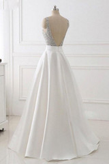 White A Line Brush Train Deep V Neck Sleeveless Beading Prom Dress,Party Dress P483