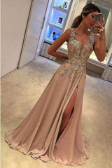 A Line Brush Train Deep V Neck Sleeveless Appliques Side Slit Prom Dress,Party Dress P510