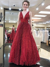 Stunning Red V Neck Sleeveless Prom Dresses Floor Length A Line Formal Party Dress P957
