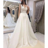 Chic V Neck Sleeveless Sweep Train Lace Wedding Dresses with Appliques W510