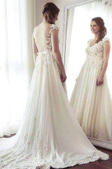 Delicate V Neck Cap Sleeves Sweep Train Backless Wedding Dress W496