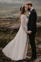 Elegant Long Sleeves Lace Chiffon With Appliques Floor Length Wedding Dress W430