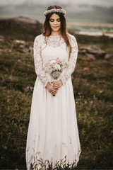 Elegant Long Sleeves Lace Chiffon With Appliques Floor Length Wedding Dress W430