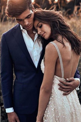 Simple Backless Spaghetti Starps Tulle V Neck Sleeveless Wedding Dress W425
