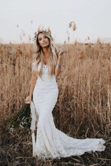 Charming Mermaid Off The Shoulder Short Sleeves Lace Appliques Vintage Wedding Dress W422