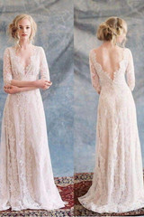 Charming Deep V Neck Lace Half Sleeves Backless Floor Length Wedding Dress W415